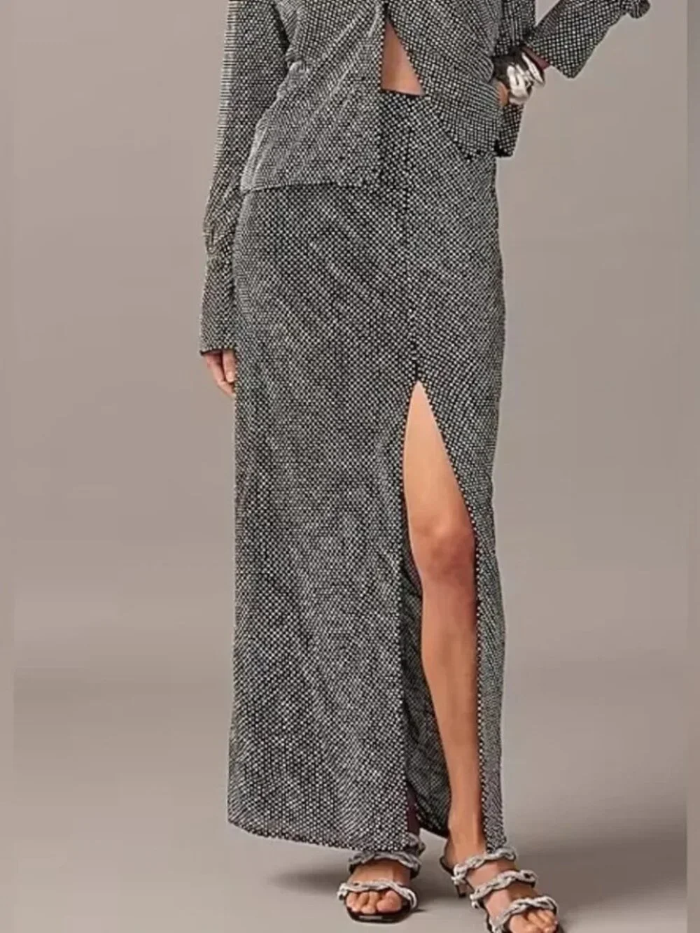NWT J.Crew Collection Side-slit Rhinestone Maxi in Silver Black Skirt 16